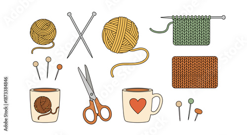 Colorful Knitting and Crochet Craft Supplies Illustration Provides Essential Tools for Hobbyists Creating Handmade Textiles, Featuring Yarn, Needles, Scissors, and Patterns with De.