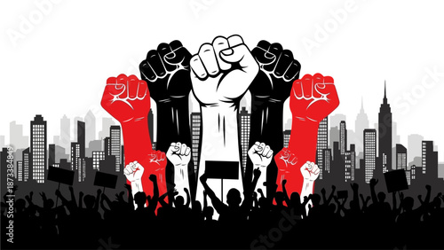 Dynamic illustration of raised fists and an impassioned crowd symbolizing collective strength, solidarity, and the powerful call for social change in an urban setting