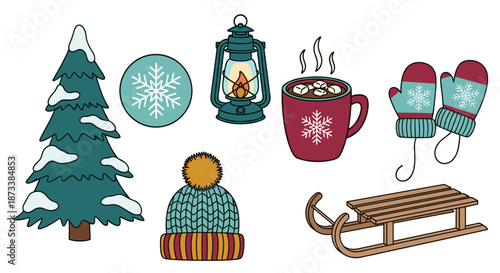 Winter Holiday Season Elements Illustration Featuring a Christmas Tree, Hot Cocoa, Mittens, and Sled for Seasonal Greetings, Invitations, and Decorations in Festive Style