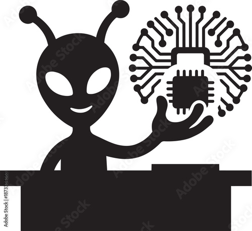 Friendly alien character holding microchip processor at workspace desk for tech development