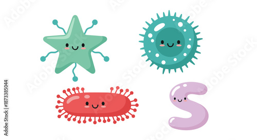 Cute cartoon microbe characters illustrate microorganisms and cellular life, perfect for science education, healthcare presentations, children's books, and medical illustrations wi.