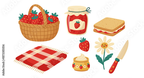 Delightful picnic illustration featuring a strawberry basket, jam, sandwich, and blanket, perfect for summer fun, creative food designs, and cheerful outdoor gatherings; it evokes.