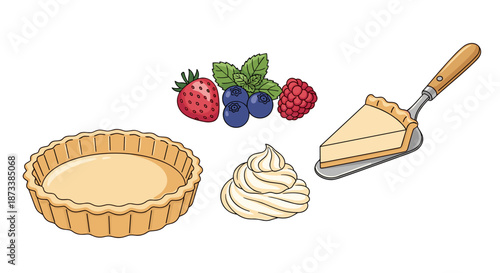 Delicious fruit pie ingredients create a tasty dessert treat for baking enthusiasts, showcasing a fresh baked tart, whipped cream, strawberry, raspberry, blueberries and mint garni.