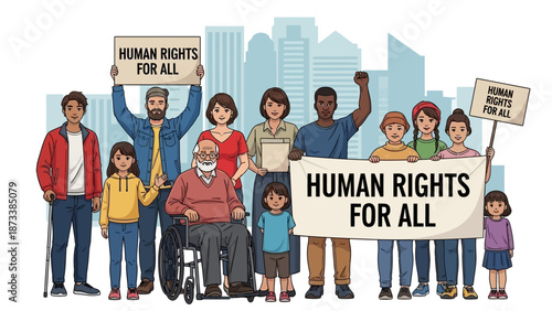 Diverse group of people holding signs advocating for human rights for all, emphasizing unity and equality in a cityscape