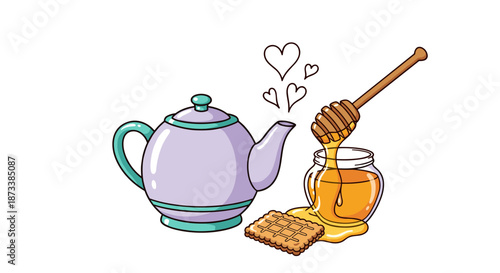 Pastel teapot, honey stick, and honey jar with waffle evoke a sweet treat break, ideal for tea time, breakfast, food illustration, or confectionery concept, offering a delightful v.
