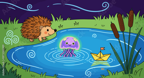 Cute hedgehog gazes at a glowing jellyfish and paper boat in a whimsical pond illustration, perfect for children's books, educational materials, nature themed designs, and imaginat.