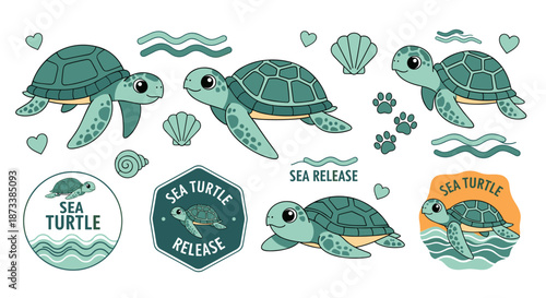Adorable sea turtle illustrations showcase ocean conservation, marine life rescue, and environmental protection awareness with cute cartoon aquatic animals for children's books.