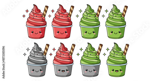 Kawaii Ice Cream Treats in Cups: Adorable desserts for kids and food lovers, featuring fun cartoon illustrations of frozen yogurt sweets with cheerful smiles, sprinkles, and wafer.