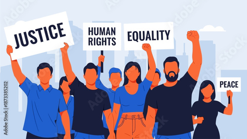 Protestors demanding justice, human rights, equality, and peace in a collective demonstration, symbolizing social change and activism