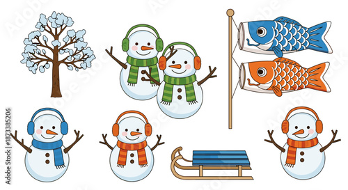 Delightful winter illustration featuring adorable snowmen wearing earmuffs and scarves, alongside a snow covered tree, a sled, and Japanese koinobori wind socks for children's day.