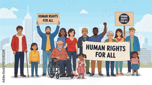 Diverse group of people holding signs advocating for human rights for all, symbolizing unity and equality