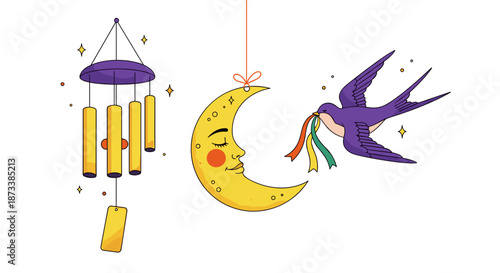 Whimsical crescent moon art featuring a purple swallow bird carrying vibrant ribbons near a charming wind chime creates a magical scene for dreamlike illustrations and peaceful des.