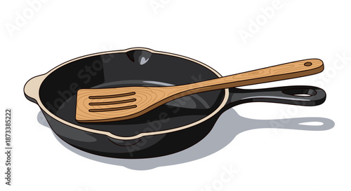 Cast Iron Pan with Wooden Spatula Illustration Cooking Utensil in Kitchen Scene for Culinary Arts, Recipe Preparation, Gourmet Food, Restaurant, Chefs and Home Cooks, Cartoon Style.