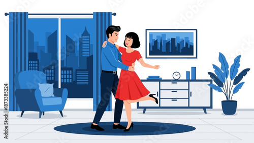 Couple dancing and enjoying a romantic evening in a modern living room, celebrating togetherness and love