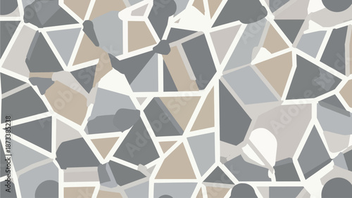 Modern abstract geometric pattern with fragmented polygons in neutral grey and beige tones, creating a contemporary mosaic background ideal for digital designs and print media projects