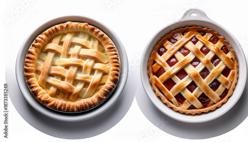 Two Delicious Pies In White Ceramic Dishes One With A Smooth Top And The Other With A Classic Lattice Crust