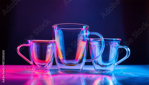 Vibrant Neon Still Life Of Glass Teacups Reflecting Light