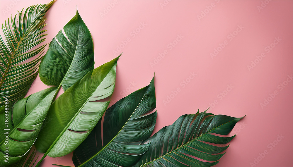 Fototapeta premium Vibrant Green Tropical Leaves Arranged Over A Soft Pink Background Creating A Fresh And Lively Visual Contrast
