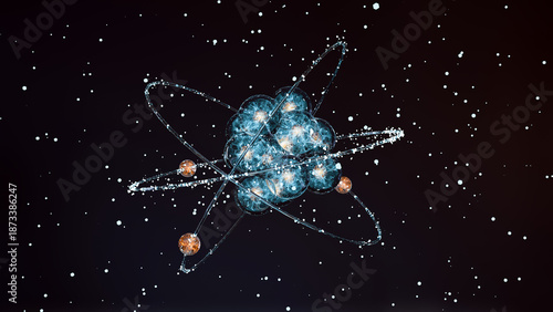 Atom anatomy, Atomic model or structure , alpha channel, electrons orbiting the nucleus particles, Single atom and its electron cloud. Quantum mechanics and atomic, Neutrons and protons, 3d render
