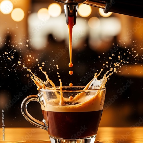 Fresh espresso pouring into glass cup with dramatic splash and golden bokeh art
