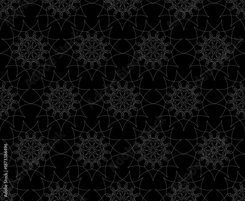 Seamless flower mandala pattern background. Oriental mandala on black background. Vintage decorative elements. Islam, Arabic, Indian, ottoman motifs. For textile, fabric and paper. Vector illustration