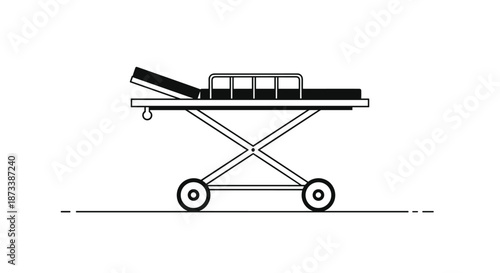 A minimalist black and white line art icon of an empty hospital stretcher or gurney on wheels, used for patient transport in emergencies.
