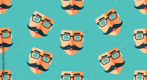 A fun and seamless repeating pattern of a disguise mask with glasses, a fake nose, eyebrows, and a mustache on a bright teal background.