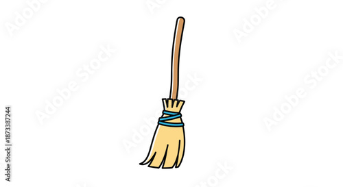 A simple and colorful cartoon illustration of a traditional wooden broomstick with straw bristles, isolated on a clean white background.