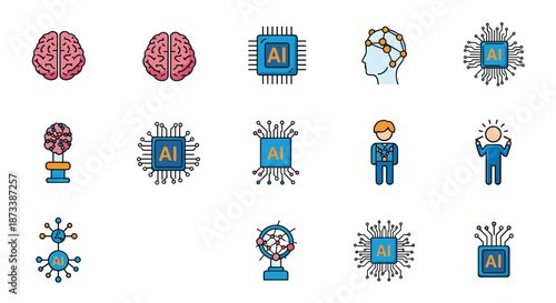 A collection of colorful line art icons related to artificial intelligence, including human brains, microchips, and abstract AI concepts.