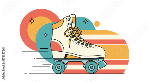 A dynamic retro roller skate illustration with speed lines, set against a colorful and abstract background of circles and stripes.