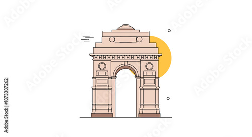A minimalist line art illustration of the iconic India Gate war memorial in New Delhi, with a simple yellow sun in the background.