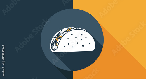 A modern flat design icon of a delicious taco, set within a dark circle with a long shadow on a split-color background.