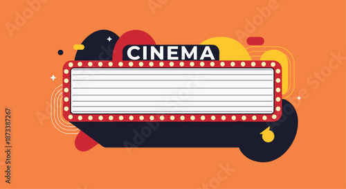 A vibrant and blank retro cinema or movie theater marquee sign set against an orange background with colorful abstract shapes.