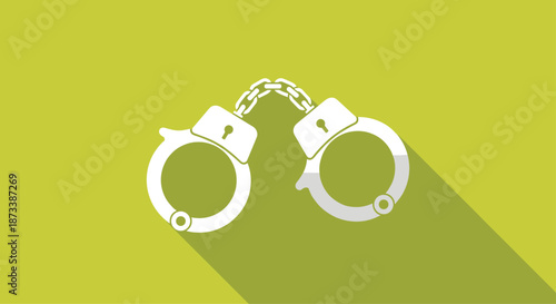 A white flat design icon of a pair of metal handcuffs with a long shadow, on a solid lime green background for legal concepts.