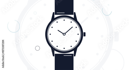 Simple and elegant dark blue wristwatch icon with a clean face, shown on a white background with faint clock outlines.