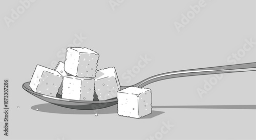 Black and white pixel art illustration of a metal spoon holding a small pile of white sugar cubes on a simple gray background.