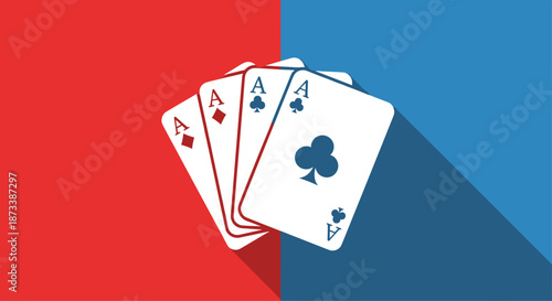 Four aces playing cards fanned out in a flat design style with a long shadow, set against a split red and blue background.