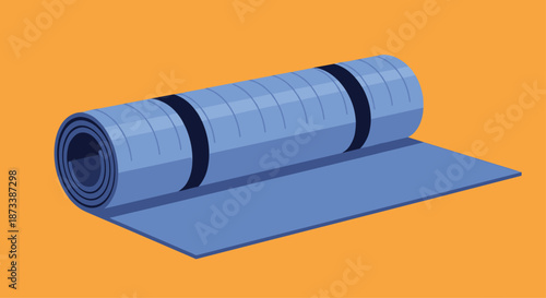 Blue rolled-up exercise mat with black straps, suitable for yoga, pilates, or camping, illustrated on a bright orange background.