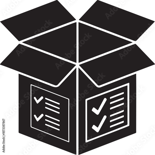 Open black cardboard box with checklist labels on sides