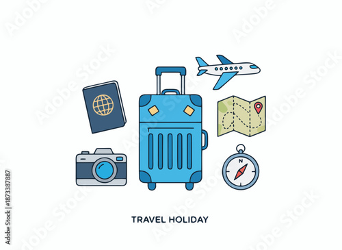 Travel holiday vector set featuring suitcase, airplane, passport, camera and map