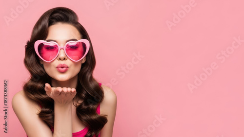 Wallpaper Mural A stylish woman in pink heart-shaped sunglasses blows a kiss against a pink backdrop conveying romance mood. Valentine's Day banner with space for text. Torontodigital.ca