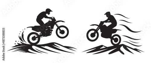 Pair of Motocross Bikers Performing Stunts and Jumps Silhouette Set