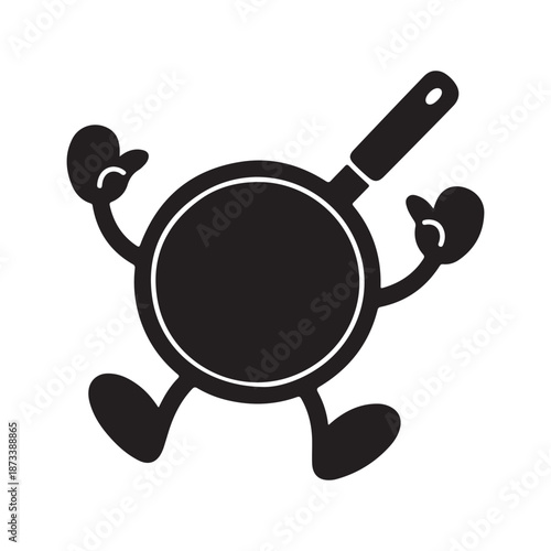 Cute cartoon frying pan mascot character jumping with oven mitts silhouette icon