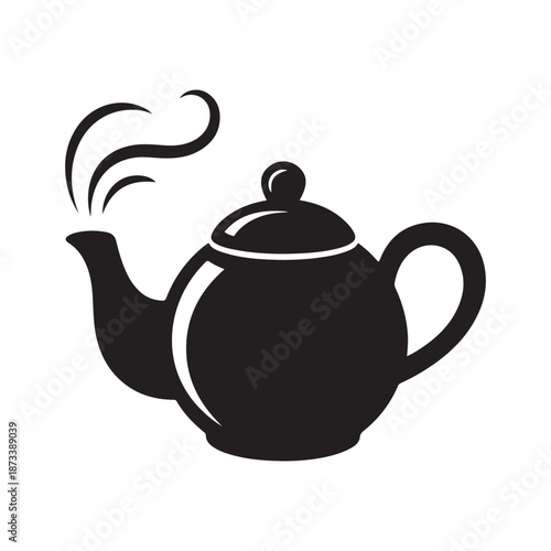 Hot tea kettle silhouette with wavy steam for kitchen branding and morning ritual