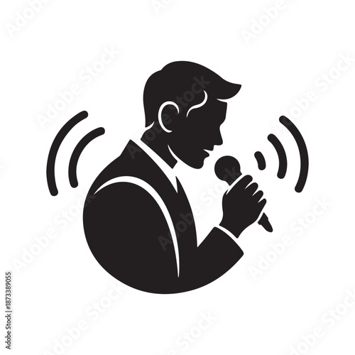 Male singer silhouette performing with a microphone and sound waves for entertainment