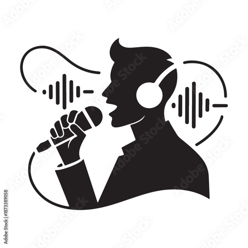 Podcaster silhouette with headphones and microphone for radio and digital broadcasting