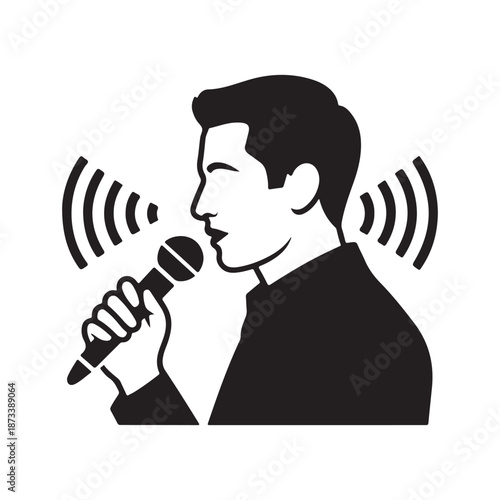 Profile of a man talking into a handheld microphone with audio wave symbols silhouette