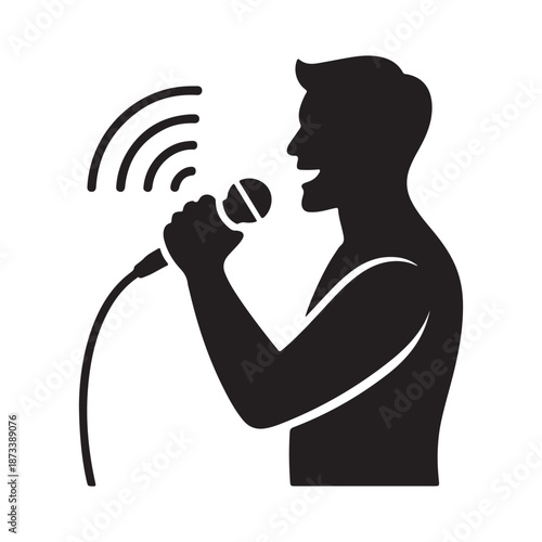 Passionate singer silhouette with corded microphone for live concert and rock music