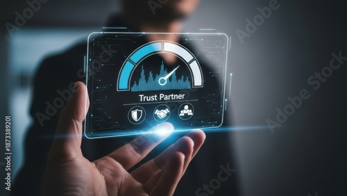 Hand holding digital trust gauge displaying high integrity