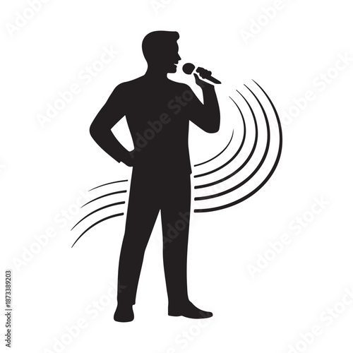 Man silhouette speaking into a microphone with sound waves for public speaking or singing